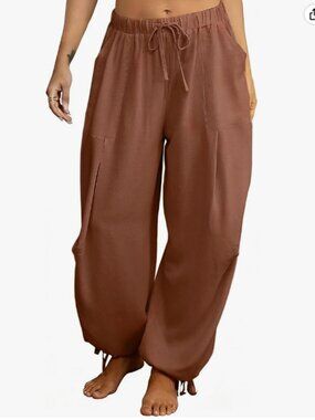 Women's Linen Balloon Barrel Beach Pants Boho Harem Flowy Drawstring Casual Loos